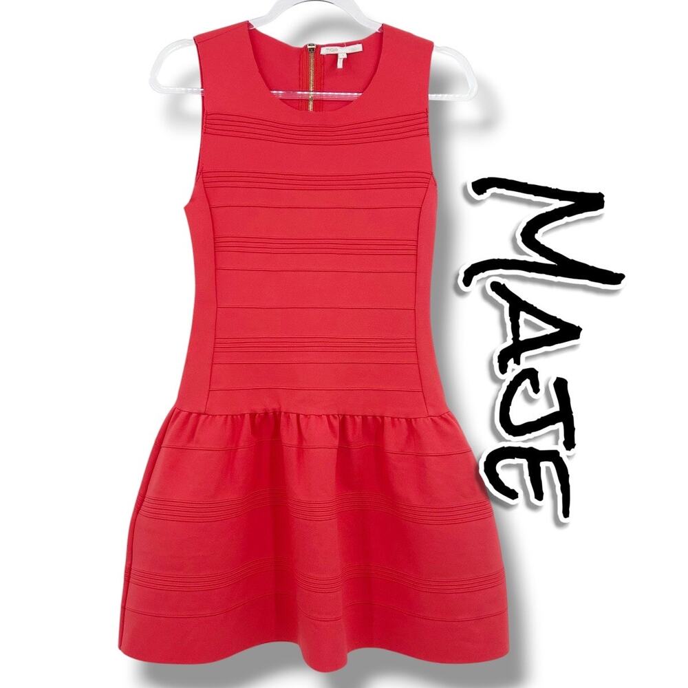 Maje Madison Red Coral Crepe Fit Flare Drop Waist Mini Dress 1 Small Luxury